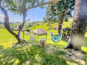 a swing in a yard with two trees at Casa Luna Șirnea in Şirnea