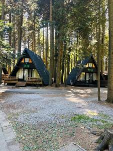 two black cabins in the middle of a forest at Villas Jagoda & Malina in Borovets