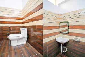 two pictures of a bathroom with a toilet and a sink at Super OYO Hotel O Varanasi Banaras Junction Formerly Girija Palace in Varanasi