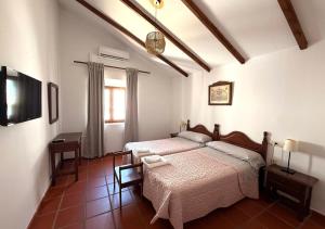a bedroom with two beds and a television in it at Hotel Rural Palacete de Mañara in Montejaque