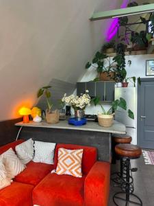 a living room with a red couch and a counter with plants at FiillhouseDilijan in Dilijan