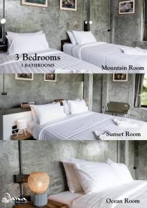 a collage of three pictures of a bedroom with two beds at Nana Villa in Ko Yao Noi
