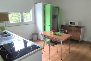 a kitchen with a table and a green door at Résidence les Sources in Prats-de-Mollo-la-Preste +5 photos