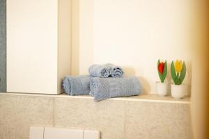 a bathroom with towels and flowers on a shelf at Chasa Ulrica in Ftan +19 photos