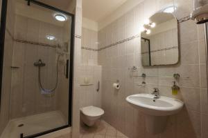 a bathroom with a shower and a sink and a toilet at Hotel Paris in Mariánské Lázně +13 photos