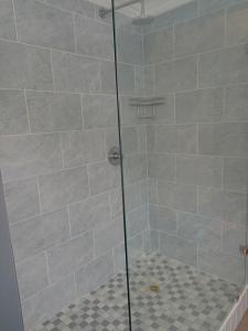 a shower with a glass door in a bathroom at Mountain View in Hermanus +1 photo