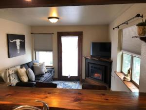 a living room with a couch and a fireplace at Trail Street Condo Downstairs in Missoula