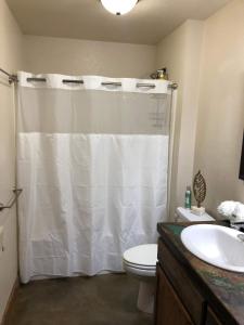 a bathroom with a white shower curtain and a toilet at Trail Street Condo Downstairs in Missoula