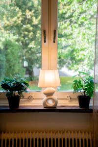 a lamp sitting on a window sill next to two plants at Central Studio, Near City & Tram - Brämaregården in Gothenburg