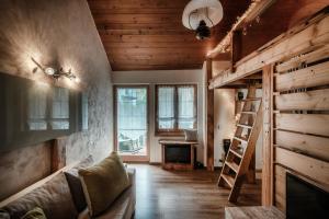 a living room with a loft bed and a ladder at Casa Edera by Quokka 360 - Romantic Wooden House in Solduno +14 photos