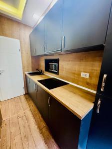 シビウにあるBalcescu Loftの青いキャビネットと木製のカウンタートップを備えたキッチン