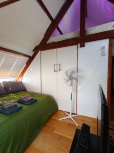 a bedroom with a green bed and a fan at Directors room Swimmingpool Ecolodge Tilburg in Tilburg +37 photos