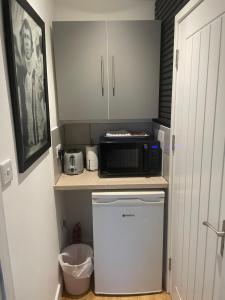 a small kitchen with a microwave and a refrigerator at Tumbleweed 3 in Dorchester
