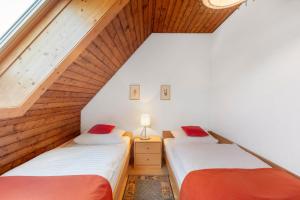 zwei Einzelbetten in einem Zimmer mit Dachboden in der Unterkunft Haus Barbara in Außertal