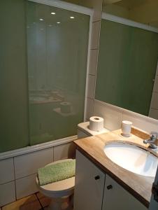 a bathroom with a sink and a toilet and a mirror at Borde Costero in Valparaíso
