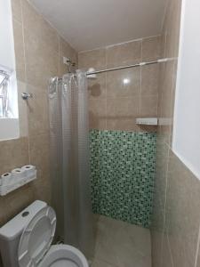 a bathroom with a shower with a toilet and a shower curtain at Apartamento Privativo com Vaga in São Bernardo do Campo
