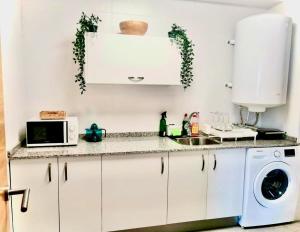 a kitchen with a sink and a washing machine at The Cliffs - Sunset Village Beach 1A in Viveiro