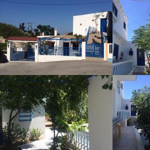 two pictures of a house with a blue fence at Iris Studios in Archangelos