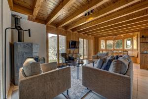 a living room with two couches and a fireplace at Chalet Colonia in La Tzoumaz