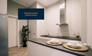 a kitchen with two plates on a counter at Suite With Bath City Center Villa Tilburg in Tilburg