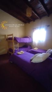 a bedroom with two beds with purple sheets and a window at La Casa de la Abuela Tilcara in Tilcara +26 photos