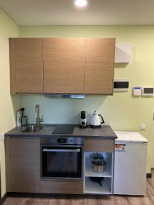 a kitchen with a sink and a stove and cabinets at Holiday home in Birstonas in Birštonas