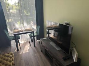 a living room with a flat screen tv and two chairs at Holiday home in Birstonas in Birštonas