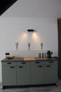 a kitchen with a counter top in a room at Vakantie boerderij Pepinushof - 't Hofje in Maria-Hoop