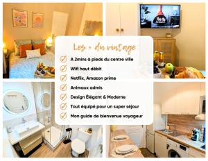 a collage of photos of a kitchen and a room at Le vintage RDC in Abbeville