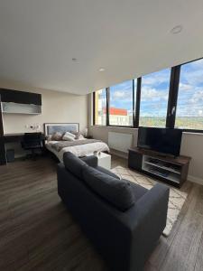 a bedroom with a bed and a couch and a tv at Modern Studio with City Views in Sheffield