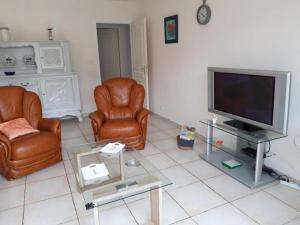 un soggiorno con 2 sedie in pelle e una TV di Gite de la teoulere a Bas-Mauco