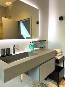 a bathroom with a sink and a mirror at BunnyHuus Scheunen-Loft in Oberndorf +26 photos