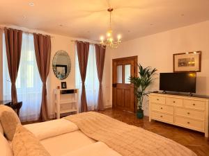 Un dormitorio con una cama, una cómoda y un televisor. en Charme Boutique Old Town, en Brasov