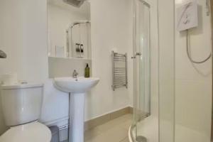 a bathroom with a toilet and a sink and a shower at Stylist Ground-Floor Studio Near City Centre in Portsmouth +3 photos