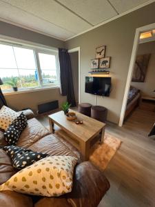 a living room with a couch and a coffee table at Gautefall Ski inn-Ski out in Drangedal
