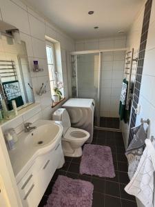 a bathroom with a toilet and a sink and a tub at Stunning lakeside home with sauna surrounded by nature in Sandared
