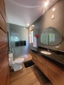 イタカレにあるRecanto da Luzのトイレ、洗面台、鏡のあるバスルーム