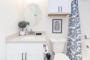 a bathroom with a sink and a toilet and a mirror at The Blue Heron Haven in Baton Rouge +64 photos