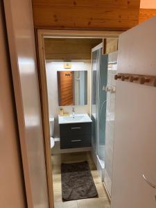 a bathroom with a sink and a toilet and a mirror at Studio Mbs Pra Loup in Pra-Loup