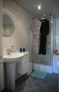 a bathroom with a sink and a shower at De Rozenhof in Groningen +4 photos