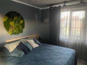 a bedroom with a blue bed and a window at Номера in Dobrovelychkivka