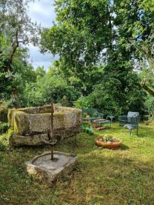 a stone fountain in a yard with a bowl of flowers at Casa Ermida in Pincães