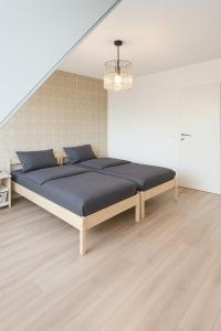 a bedroom with a large bed with blue pillows at Haus Auszeit in Cremlingen