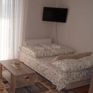 Un dormitorio con dos camas y un televisor en la pared. en Apartman PK Vrnjačka Banja, en Vrnjačka Banja