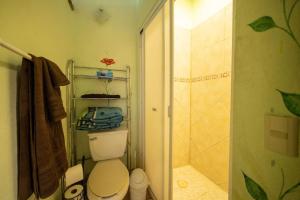 ein Badezimmer mit Toilette und Dusche in der Unterkunft Casa Happy Sol Cangrejo Pool Surf Relax in San Francisco