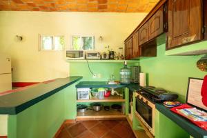 eine grüne Küche mit einer Theke und einem Herd in der Unterkunft Casa Happy Sol Cangrejo Pool Surf Relax in San Francisco