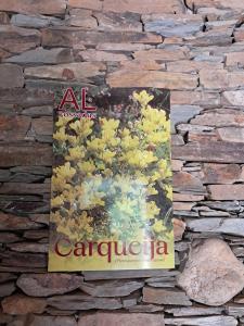 a book on a stone wall with yellow flowers at AL Rossadas Carqueija in Arganil