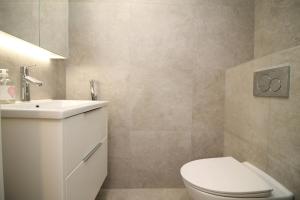 a bathroom with a white toilet and a sink at Spacious Apartment for 2 with Sauna in V in Iso-Heikkilä +11 photos