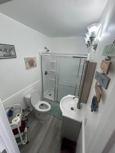 a bathroom with a shower and a toilet and a sink at Relaxing River Family Retreat in Bullhead City
