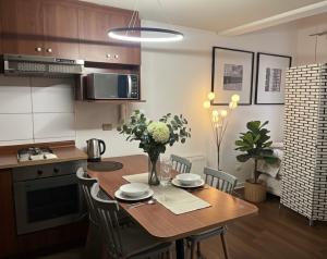 a kitchen with a wooden table with chairs around it at Departamento Familiar en el centro in Santiago